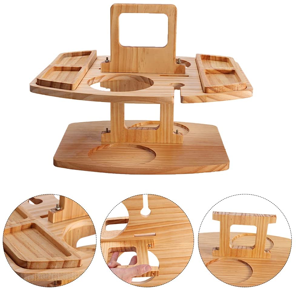 Portable Picnic Table， Wooden Wine Picnic Tables for Outdoors， Snack and Cheese Tray with 2 Wine Glasses Holder， Outdoor Beach Bar Table with Wine Glass Holder