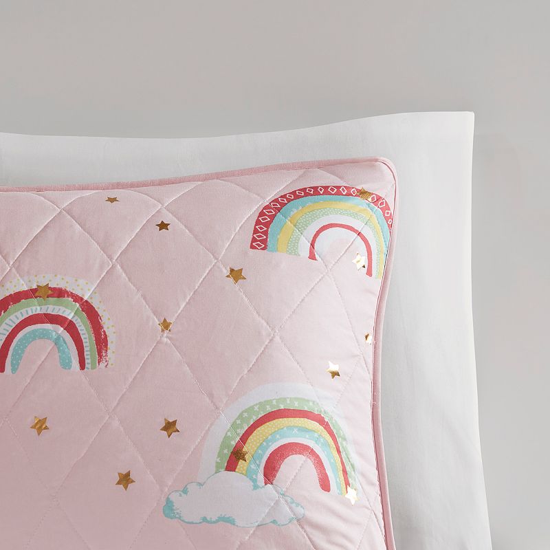 Mi Zone Kids Mia Rainbow and Metallic Stars Reversible Quilt Set with Throw Pillow