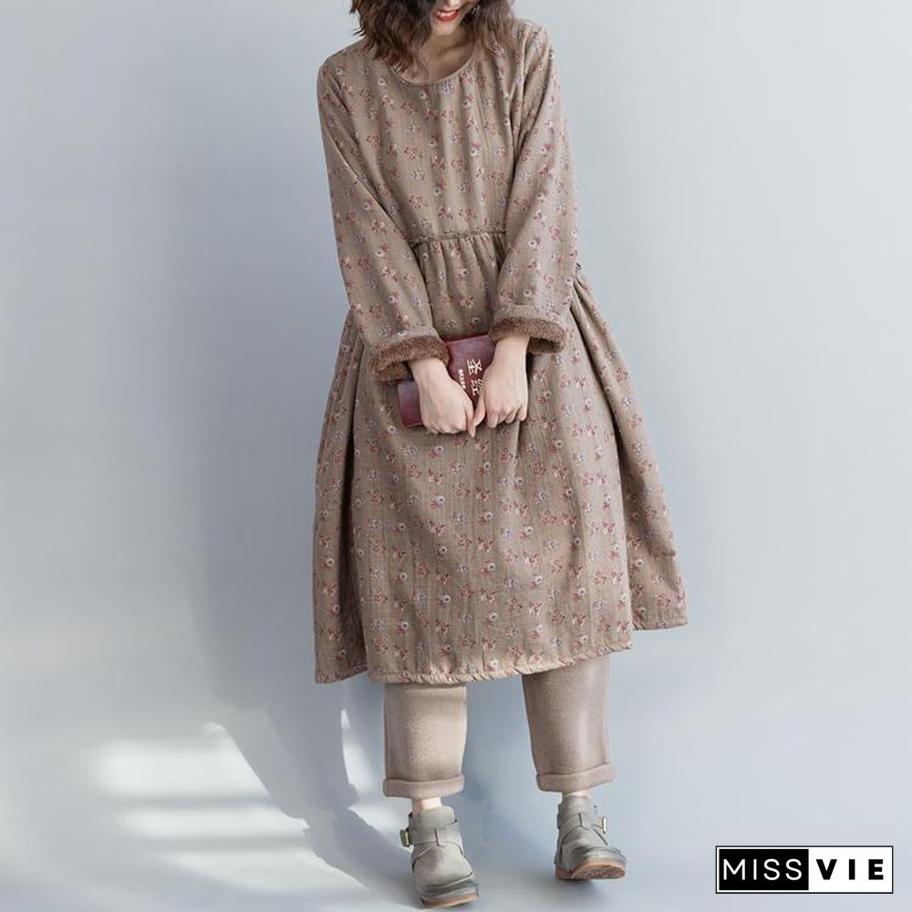 Unique khaki floral linen cotton dresses fine Christmas Gifts Kaftan o neck Cinched Dress