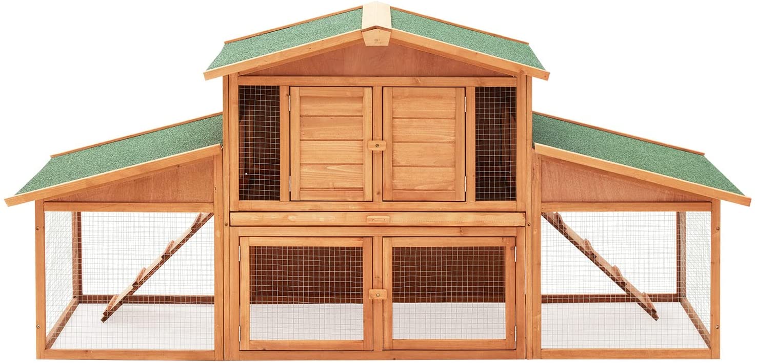 Yoleny Rabbit Hutch Wooden Two Story Bunny Cage Indoor Rabbit Cage Outdoor， Guinea Pig House Hamster Hideout， Galvanized Mesh Wires， Weatherproof Asphalt Roof