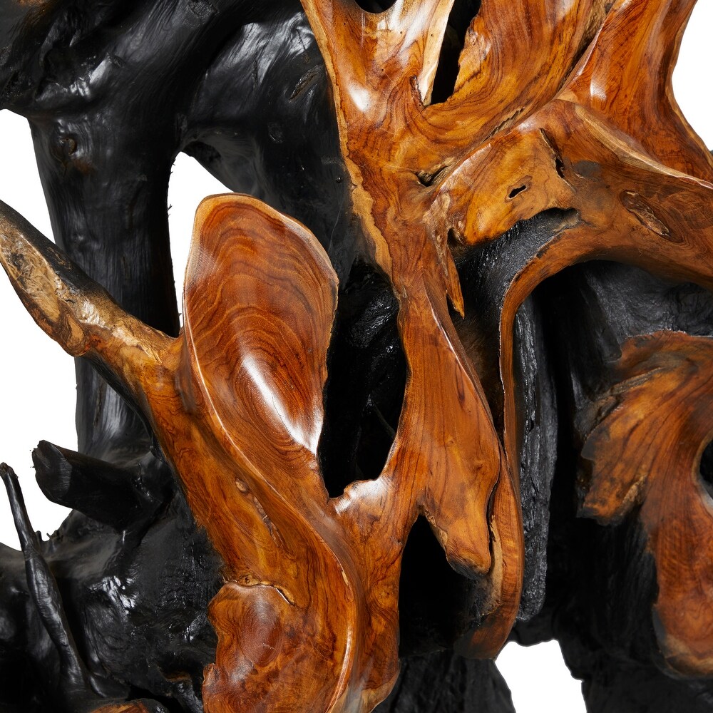 Brown Teak Wood Handmade Large Oversized Tree Root Floor Abstract Sculpture with Live Edge Teak Base