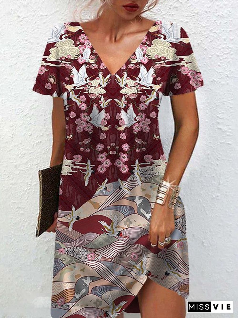 Women's Summer Short Sleeve V Neck Floral Print Casual Dress