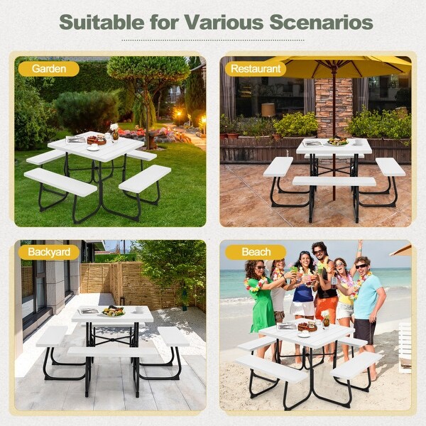 Outdoor Picnic Table with 4 Benches and Umbrella Hole