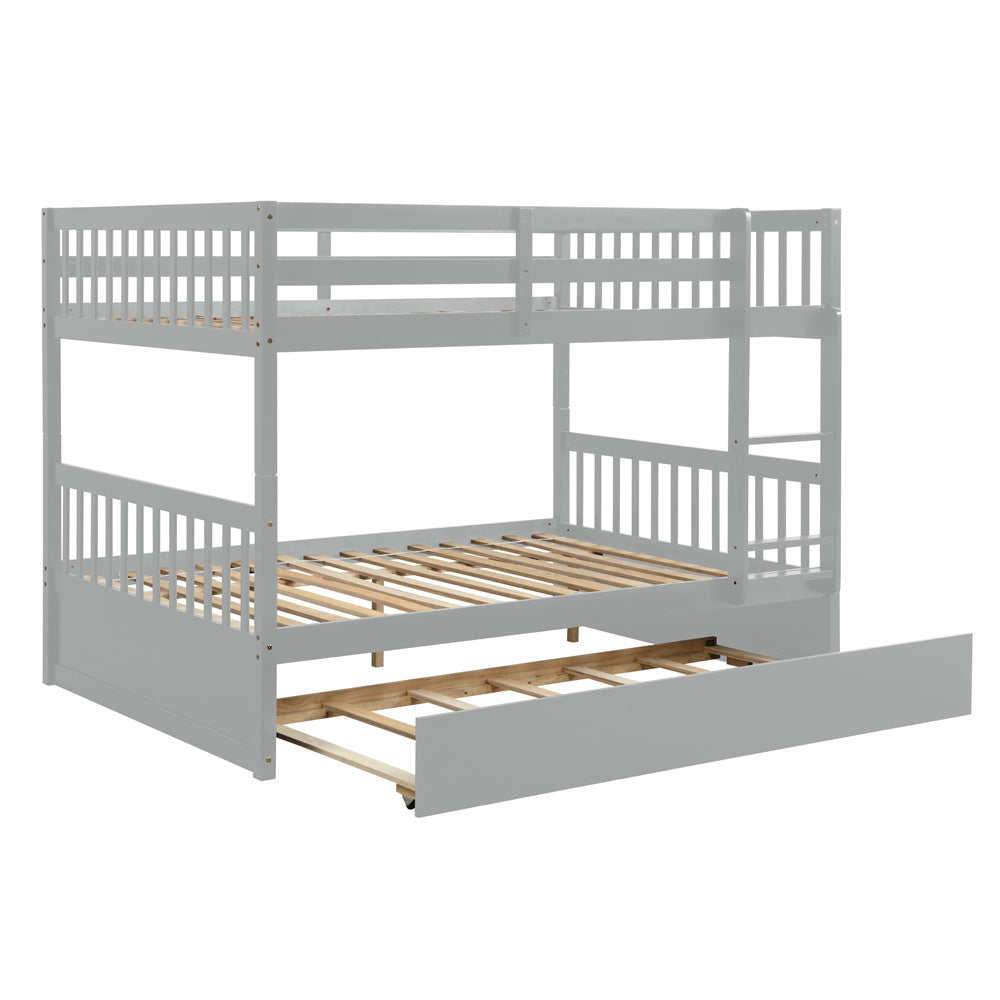 Full Over Full Bunk Bed with Trundle, Wood Bed Frame and Ladder with Guard Rails for Kids, Toddlers, Teens, Boys and Girls, Gray