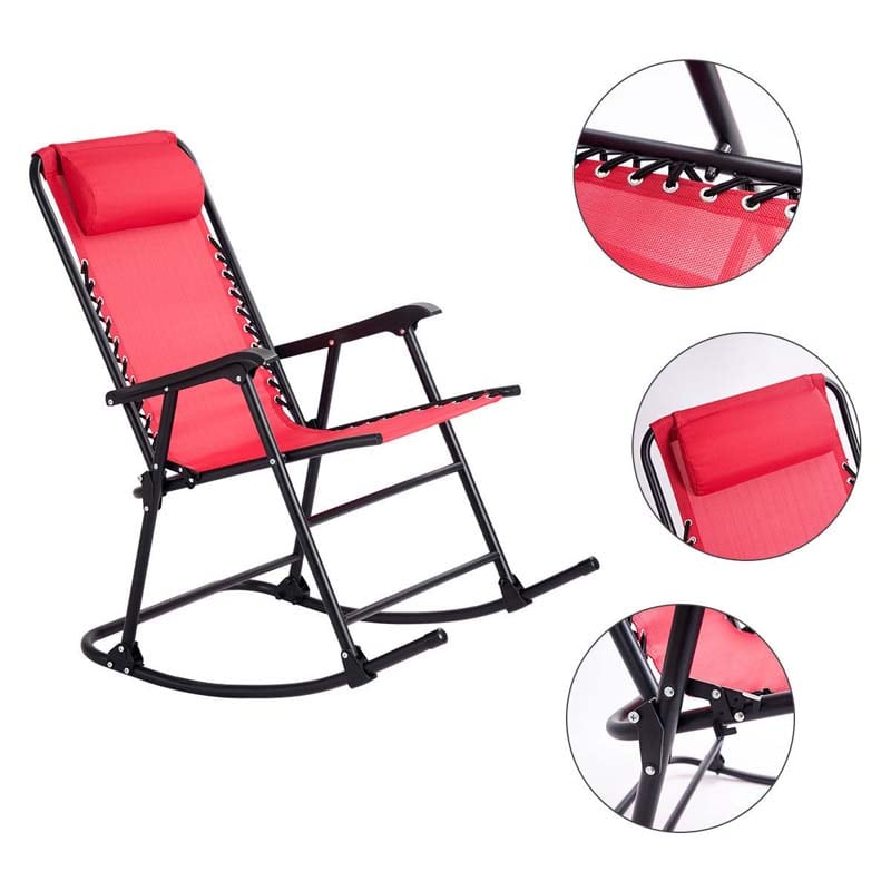 Patio Folding Zero Gravity Rocking Chair Outdoor Beach Camping Chair with Pillow & Armrests