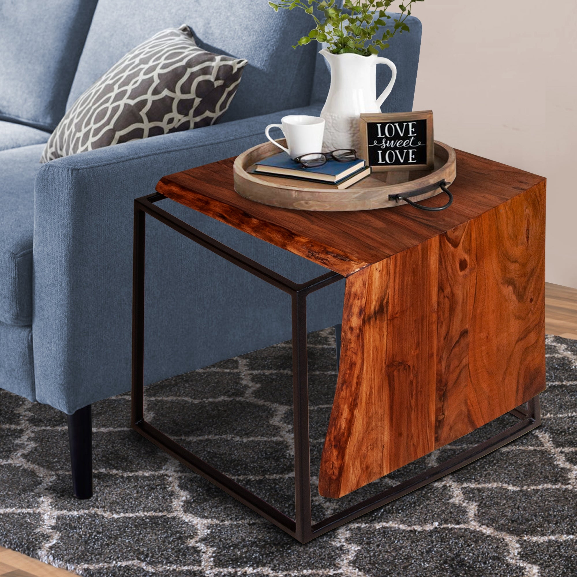 21 Inch Solid Acacia Wood Accent End Side Table， Live Edge， Metal Frame， Brown， Black