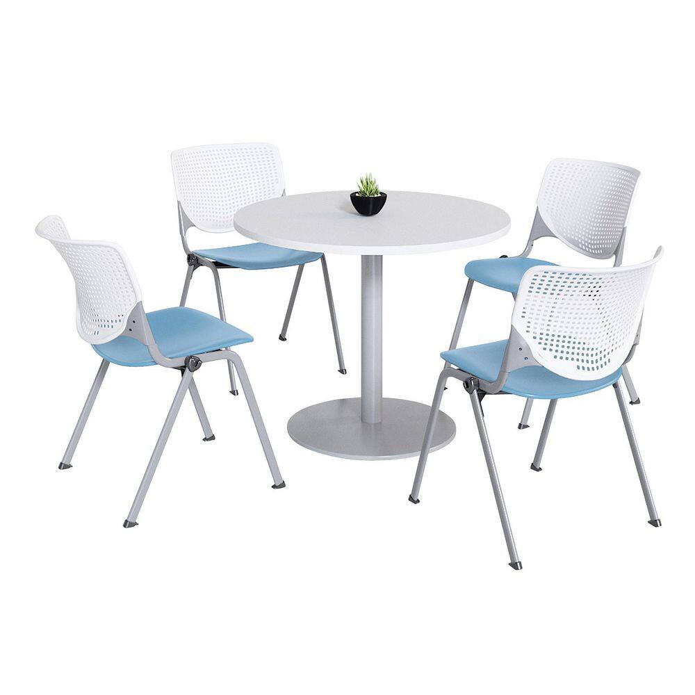 Kool 5-Piece Round White Wood Laminate Dining Table Set Seats 4 with Sky Blue Chairs T36RD-B1922SL-D354-2300-BP08-SP35