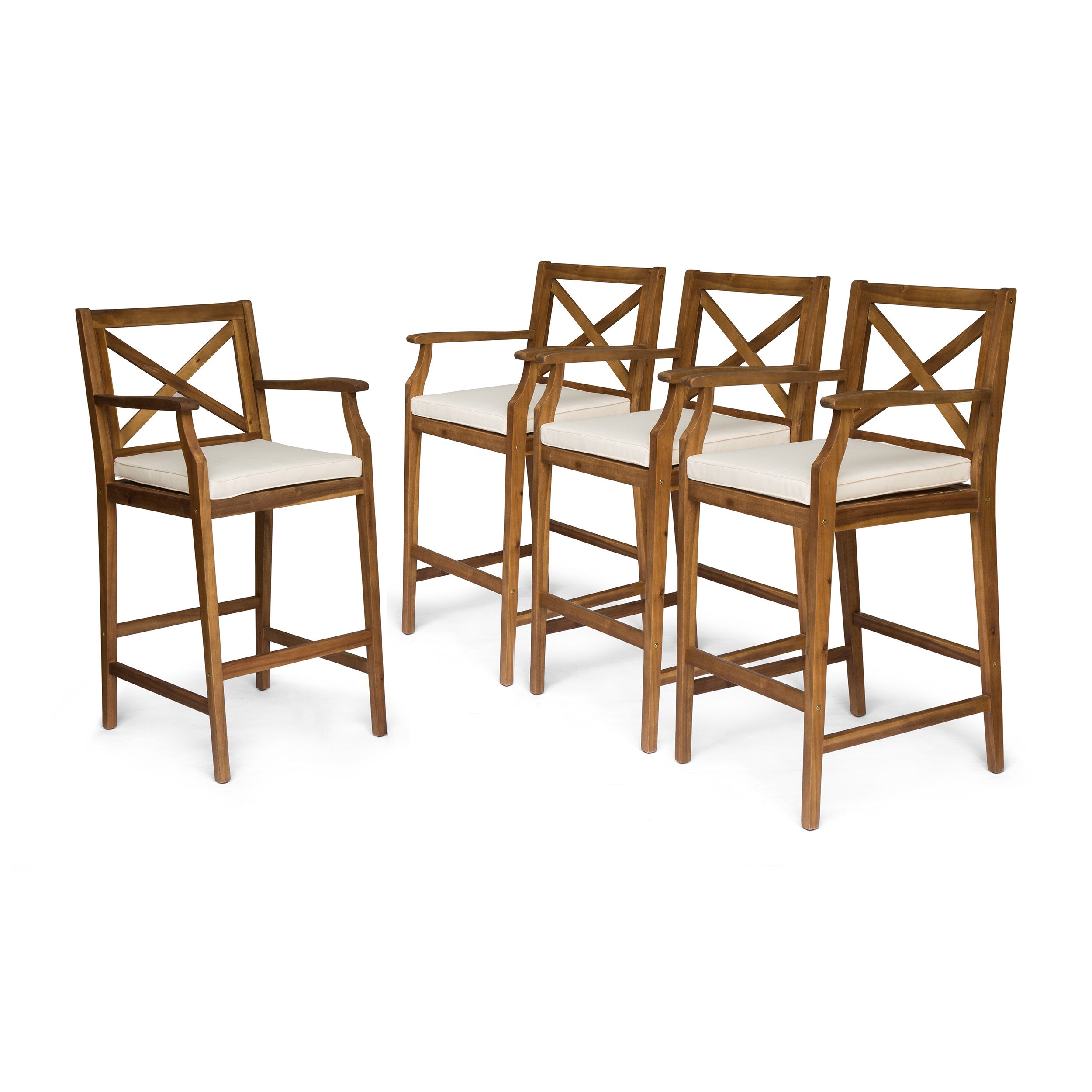 Doric Outdoor Rustic Acacia Wood Barstools with Cushions (Set of 4)