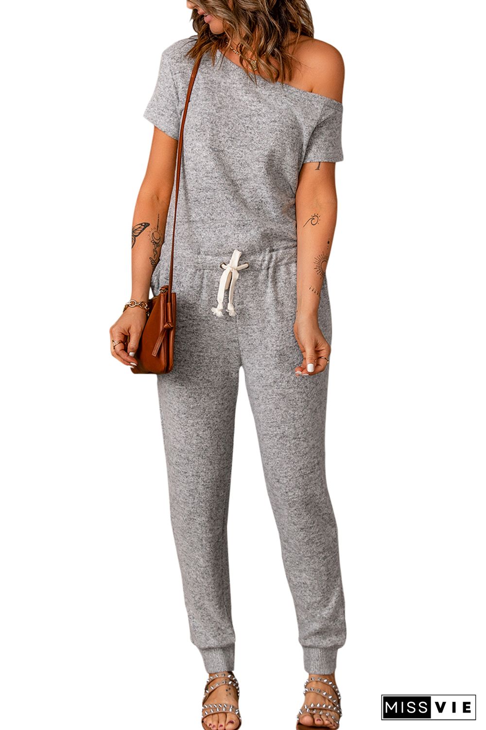 Gray Off Shoulder Drawstring High Waist Short Sleeve Jumpsuit