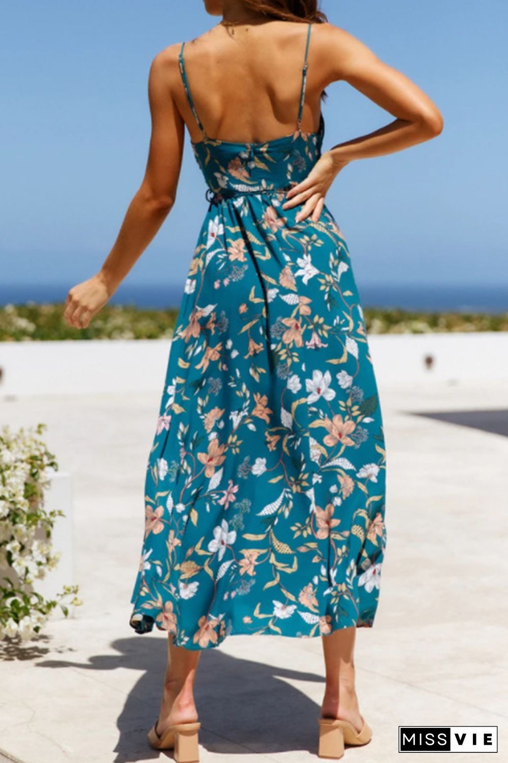 Fashion Elegant Floral Split Joint V Neck A Line Dresses