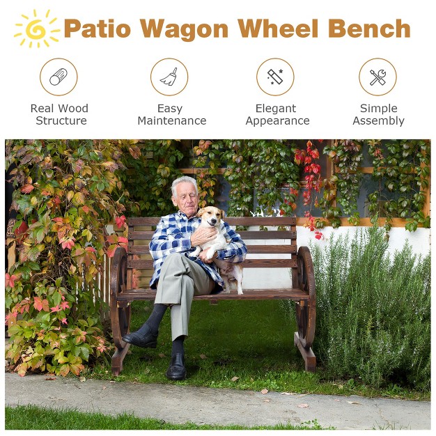 Costway Outdoor Wooden Wagon Wheel Garden Bench 2 person Slatted Seat Armrests Rustic