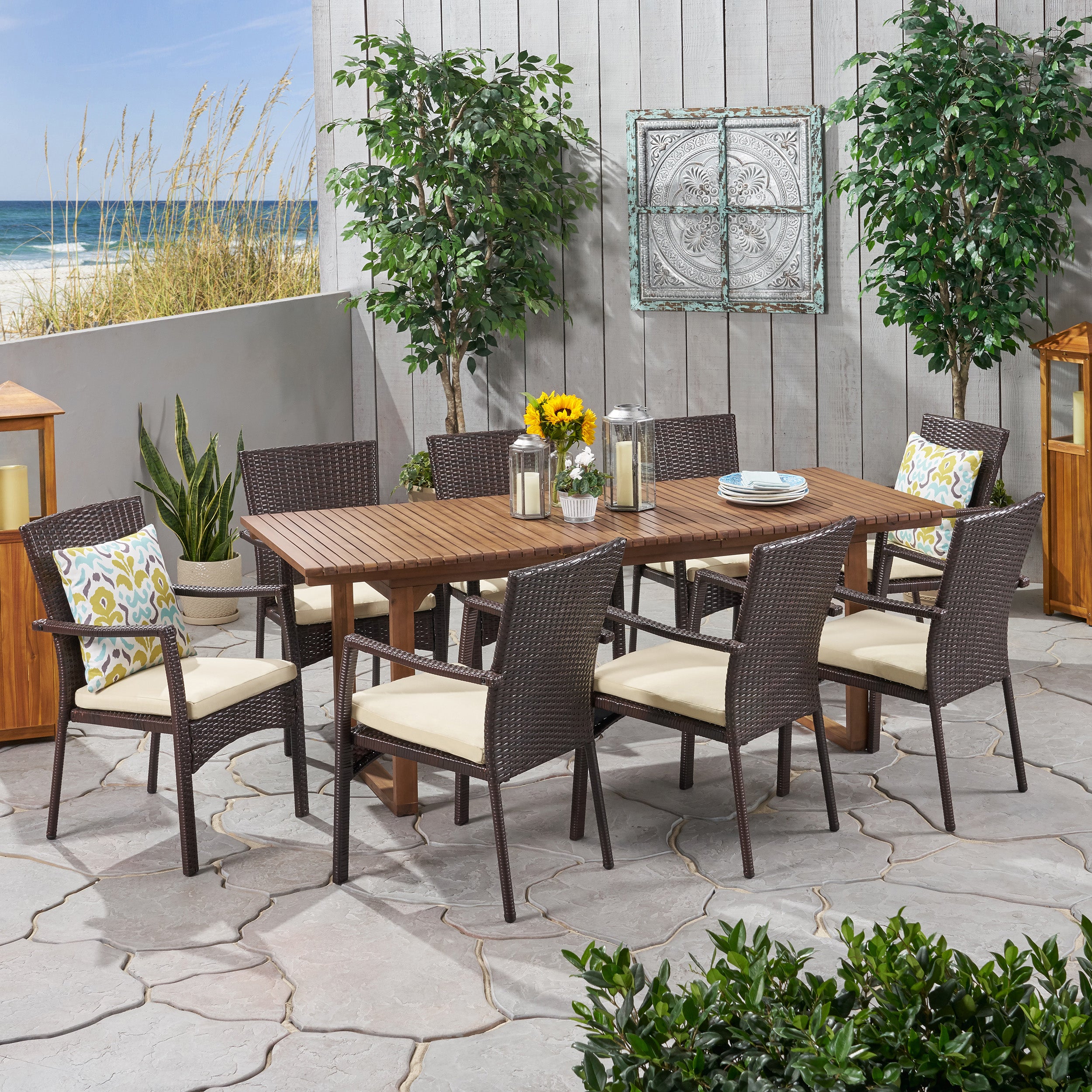 Maise Outdoor 8 Seater Expandable Wood and Wicker Dining Set