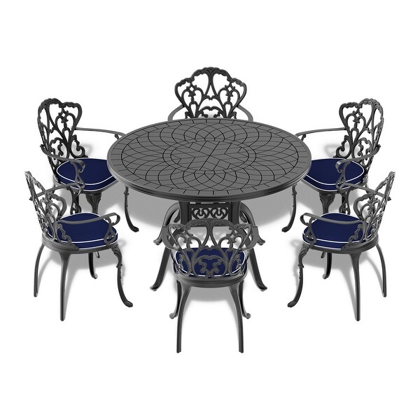 47.24 Inch Cast Aluminum Patio Dining Table with Black Frame and Carved Texture on the Tabletop