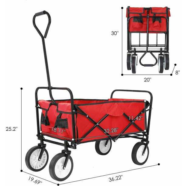 CINAK Heavy Duty Garden Cart, Collapsible Folding Outdoor Utility Wagon, Beach Soccer Field Garden Backyard Shopping Camping Cart, Red