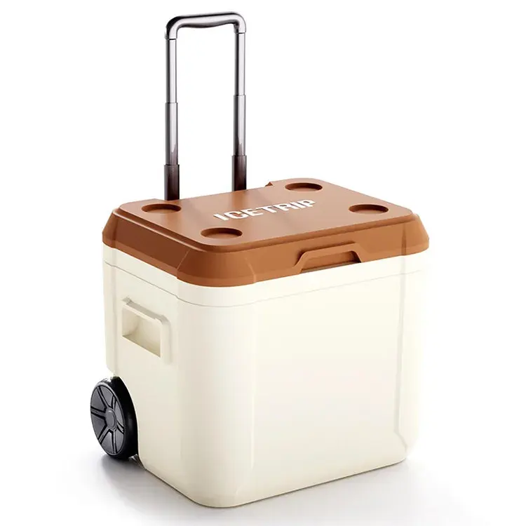 2023 Hot selling outdoor plastic insulated wheeled 52L ice cooler box large fishing food hard cooler with wheels box