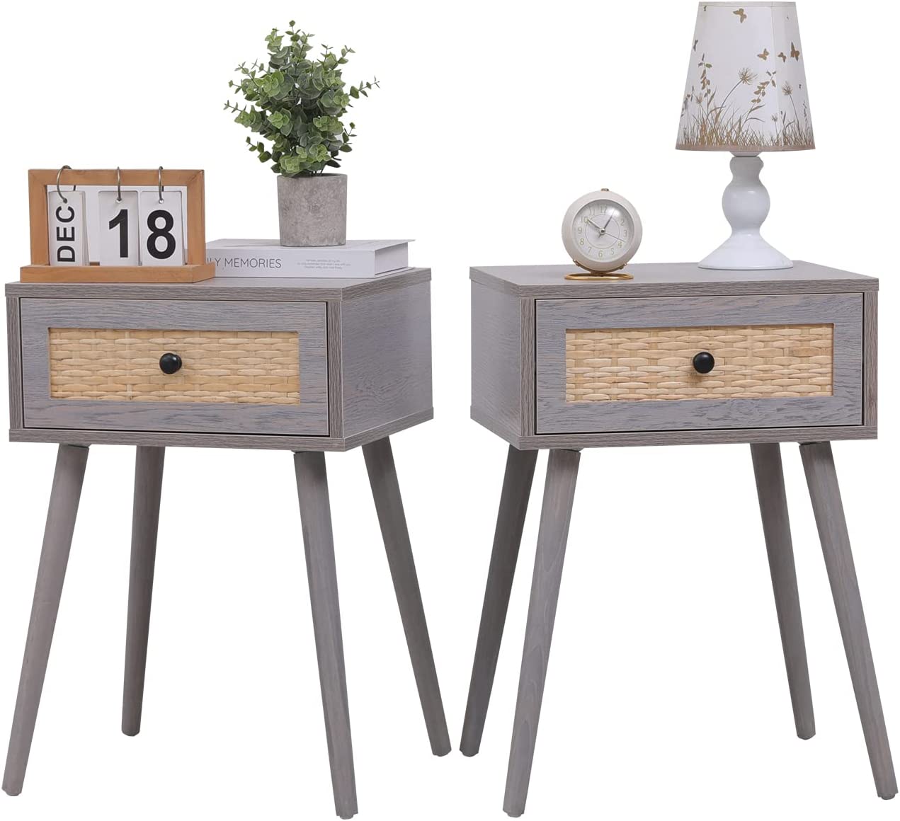 Set of 2 Nightstands, End Side Bedside Table with Storage Drawer and Solid Wood Legs, Mid-Century Modern Night Stands for Bedroom Living Room Furniture (Grey)