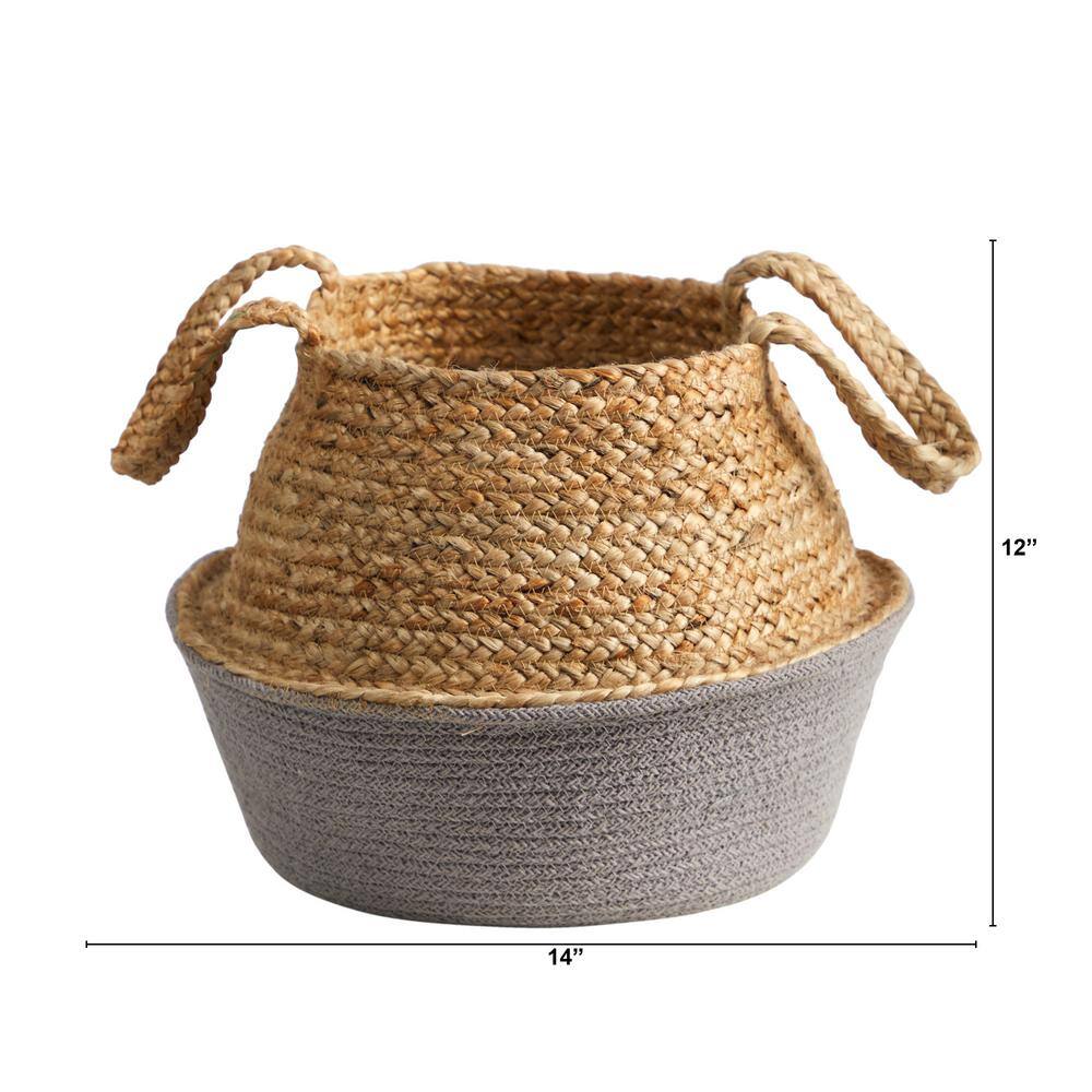 Nearly Natural 14 in. Gray Boho Chic Handmade Cotton and Jute Woven Basket Planter 0827-S1