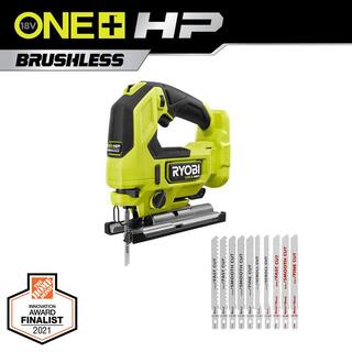 RYOBI ONE+ HP 18V Brushless Cordless Jig Saw (Tool Only) with All Purpose Jig Saw Blade Set (10-Piece) PBLJS01B-A14AK101