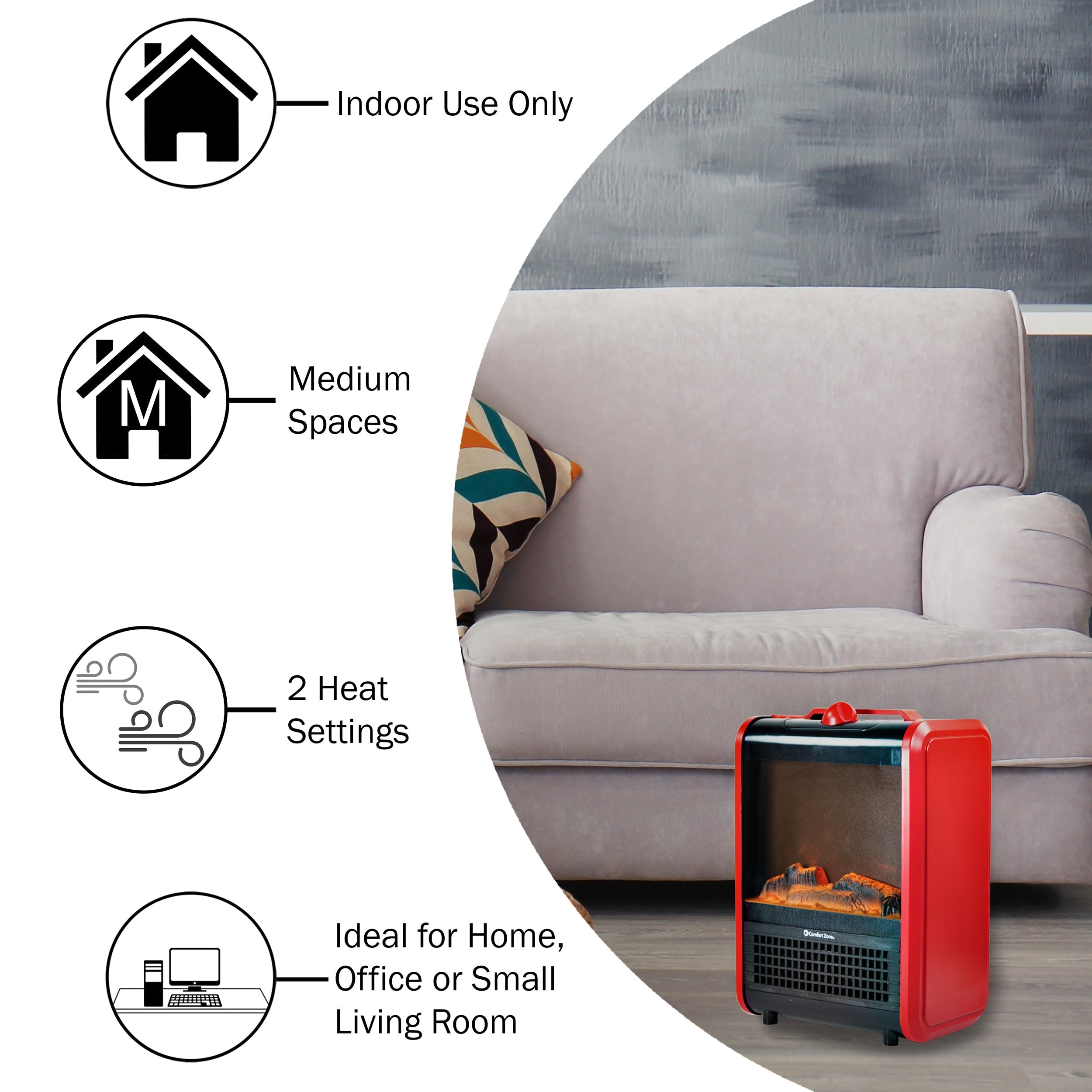 Comfort Zone 1200W Ceramic Portable Electric Fireplace Heater, Matte Red