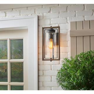 Home Decorators Collection Palermo Grove 8 in. 1-Light Gilded Iron Rustic Farmhouse Outdoor Wall Lantern Sconce with Walnut Wood Accents 7972HDCGIDI