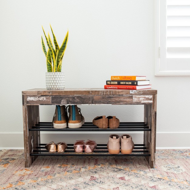 Industrial Shoe Bench With Metal Storage Racks Distressed Wood Danya B