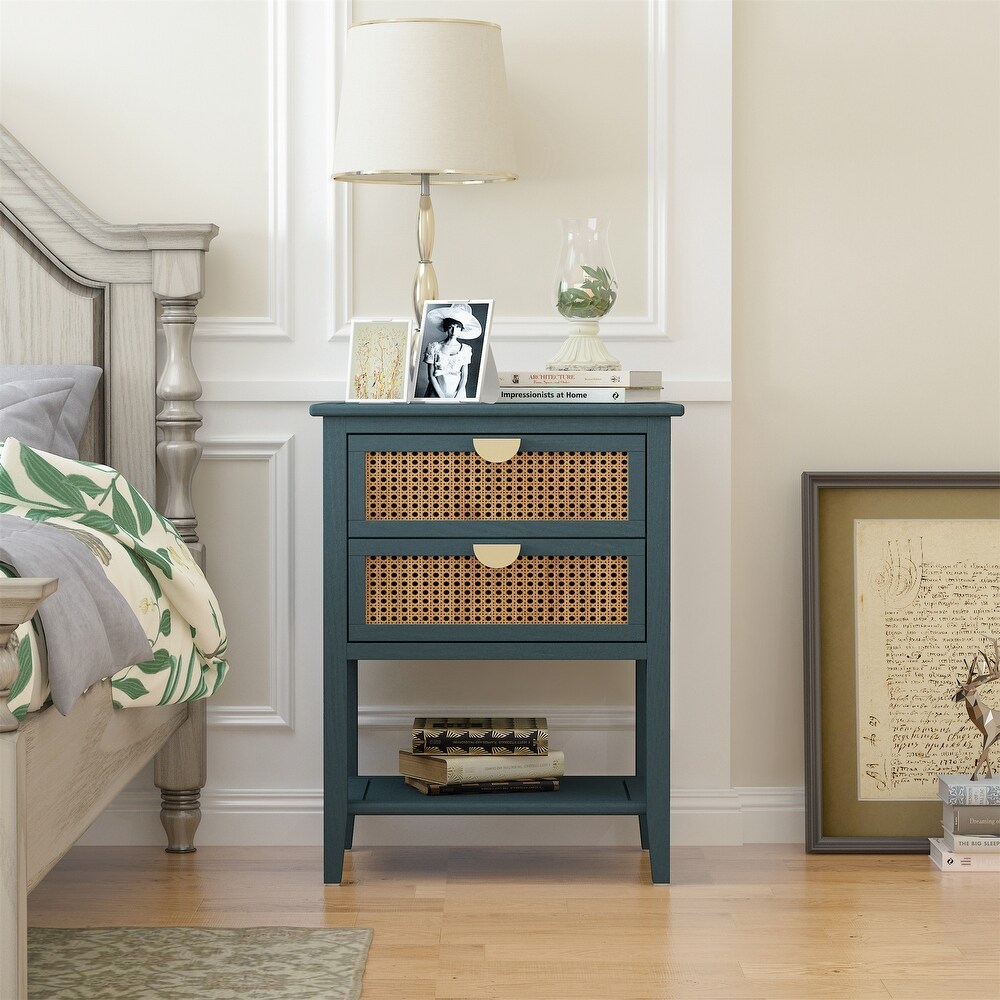 Natural Rattan 2 Drawer Nightstand Side Table