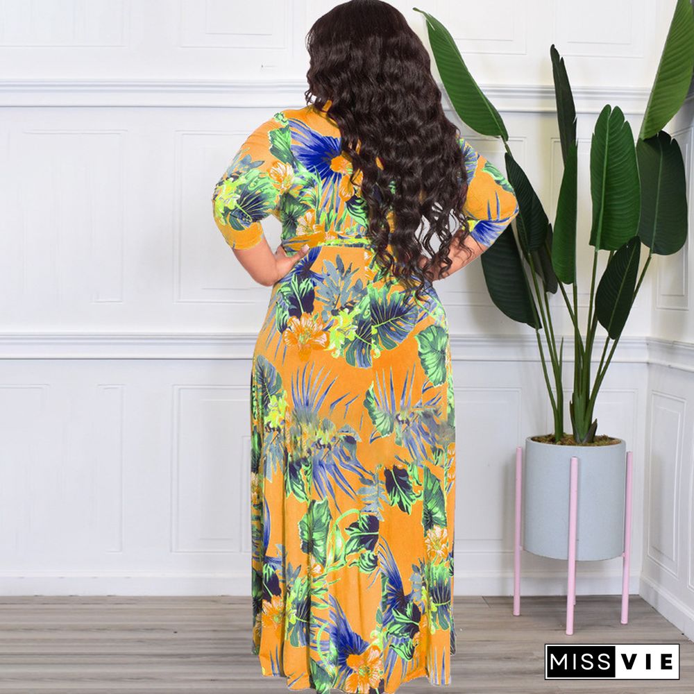 V Neck High Waist Vintage Plus Size Maxi Dress