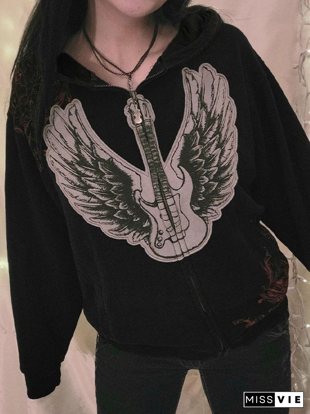 Guitar Wing Print Oversized Hoodie