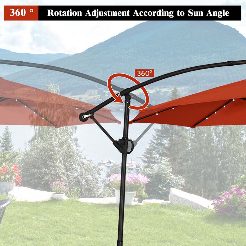 10 FT Patio Offset Umbrella with Solar Lights 360° Rotation Outdoor Market Umbrella with Crank Handle & Cross Base