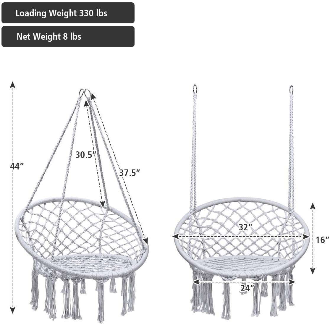 Hanging Hammock Chair, Macrame Hanging Chair 330 Pounds Capacity