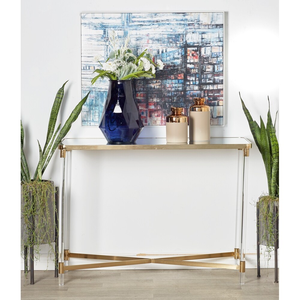 Gold Metal Contemporary Console Table with Mirrored Top and Acrylic Legs