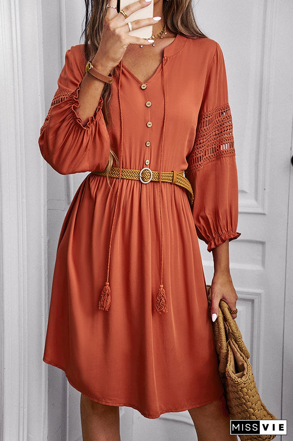 Solid Color V Neck Long Sleeve Casual Dress