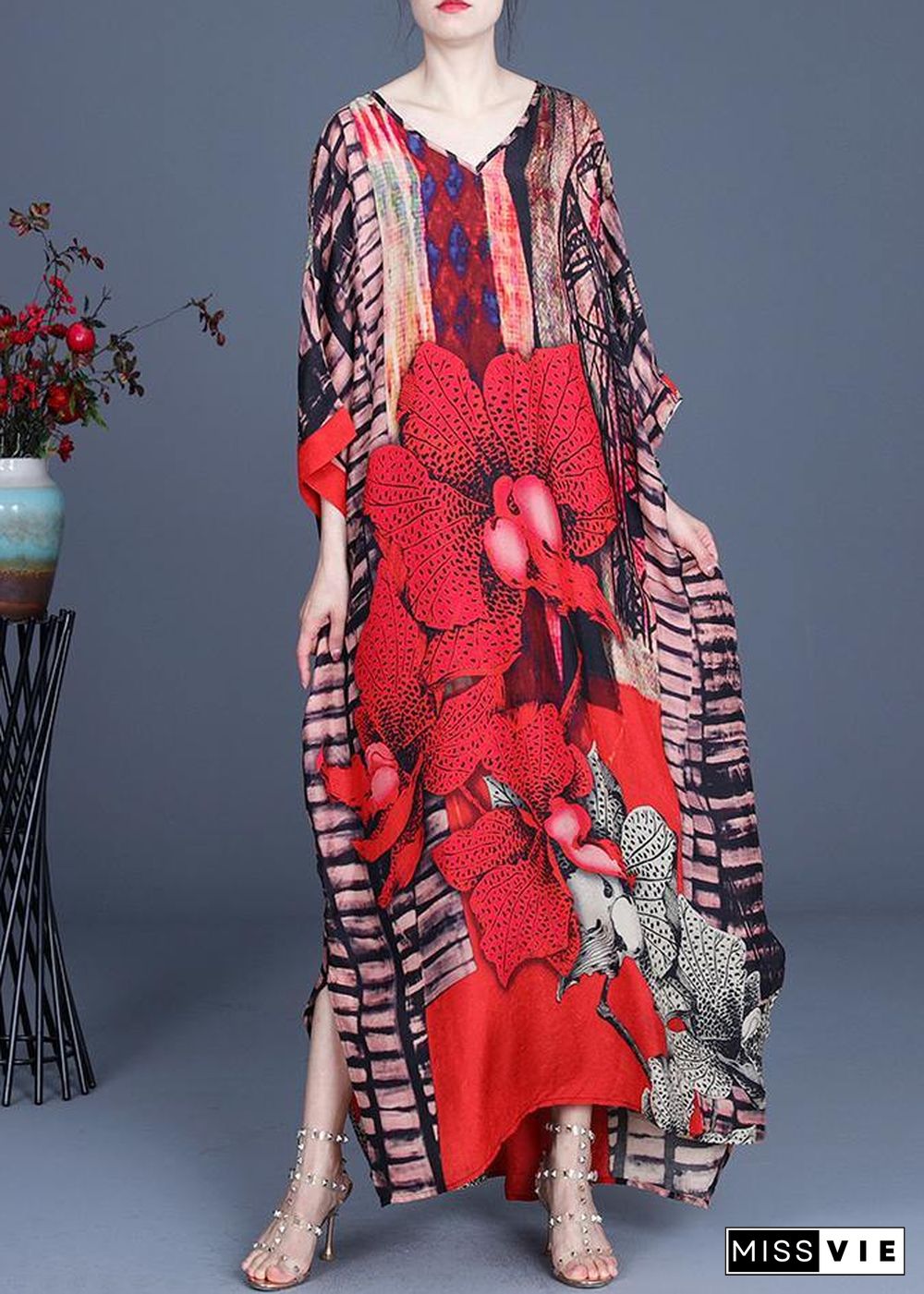 Bohemian Red Print side open Maxi Summer Chiffon Dress