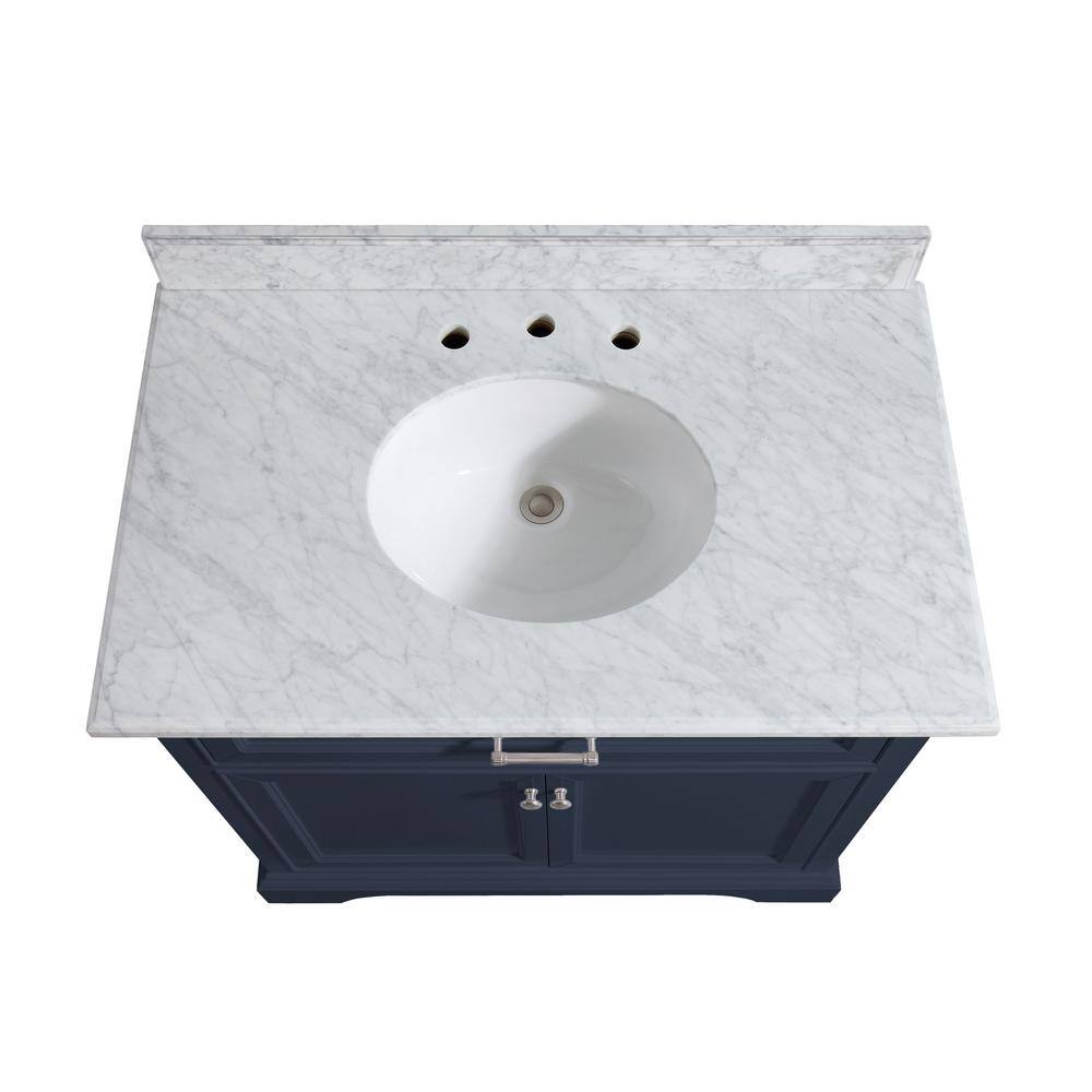 Home Decorators Collection Windlowe 37 in. W x 22 in. D x 35 in. H Bath Vanity in Navy Blue with Carrara Marble Vanity Top in White with White Sink 15101-VS37C-NB