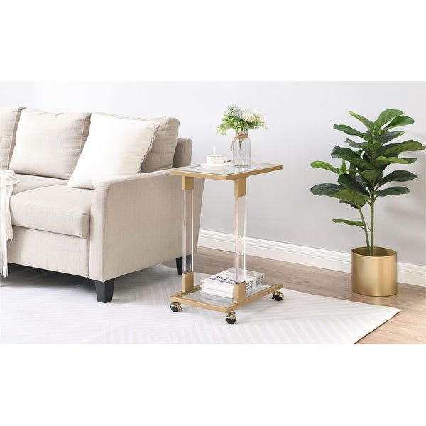 Glass Top C Shape Side Table with Wheels Acrylic Plant End Table for Living Room，Bedroom，Small Spaces