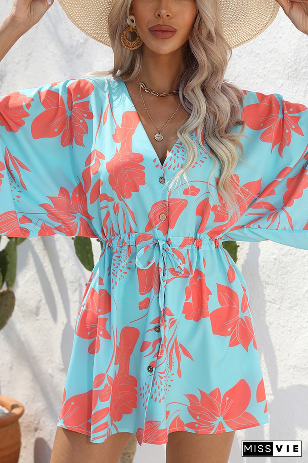 Open Button V Neck Drawstring Flare Sleeves Floral Dress