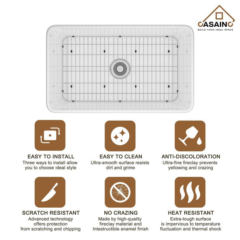 CASAINC White Fireclay 30 in. Single Bowl Farmhouse Apron Kitchen Sink with Two Function Spray Kitchen Faucet CA-W30-D0674BN
