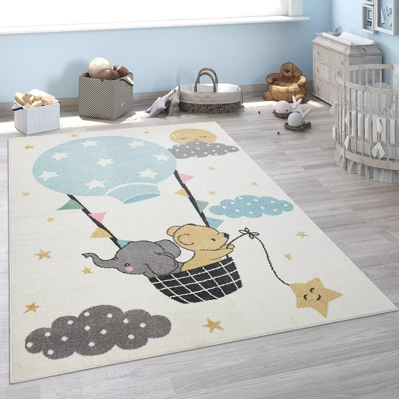 Kid▽s Rug for Nursery Bear and Elephant Balloon Ride in Beige