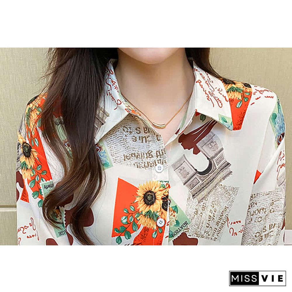 Vintage Floral Letter Print Long Sleeve Chiffon Shirt Workwear