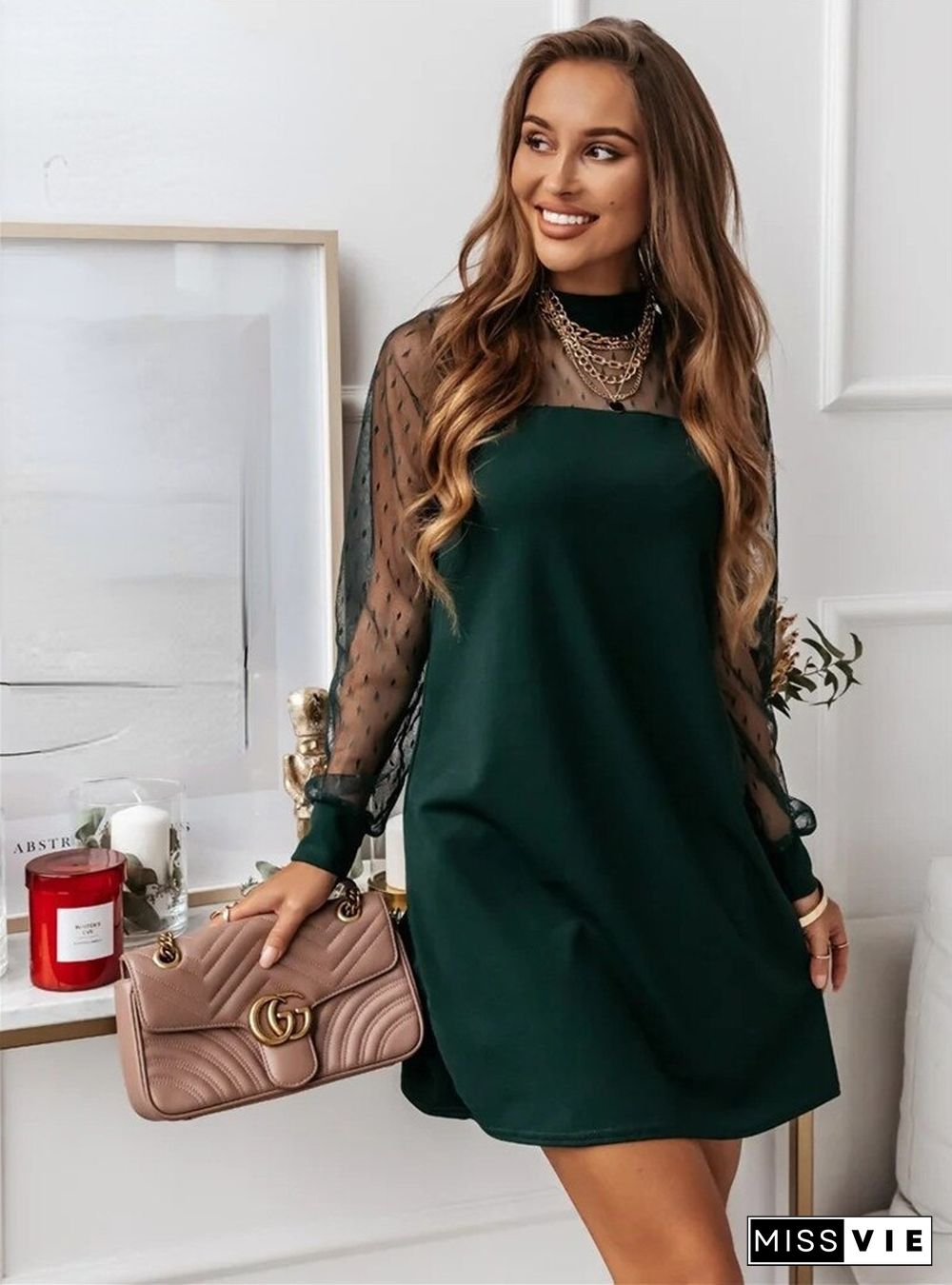 Women's Spring Autumn Dress Mesh Patchwork Design Lace Embellished Sheer Long Sleeve Solid Color Slim Fit Mini Dress