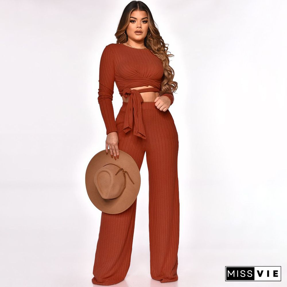 Ribbed Lace Up Crop Tops Wide Leg Pants Set