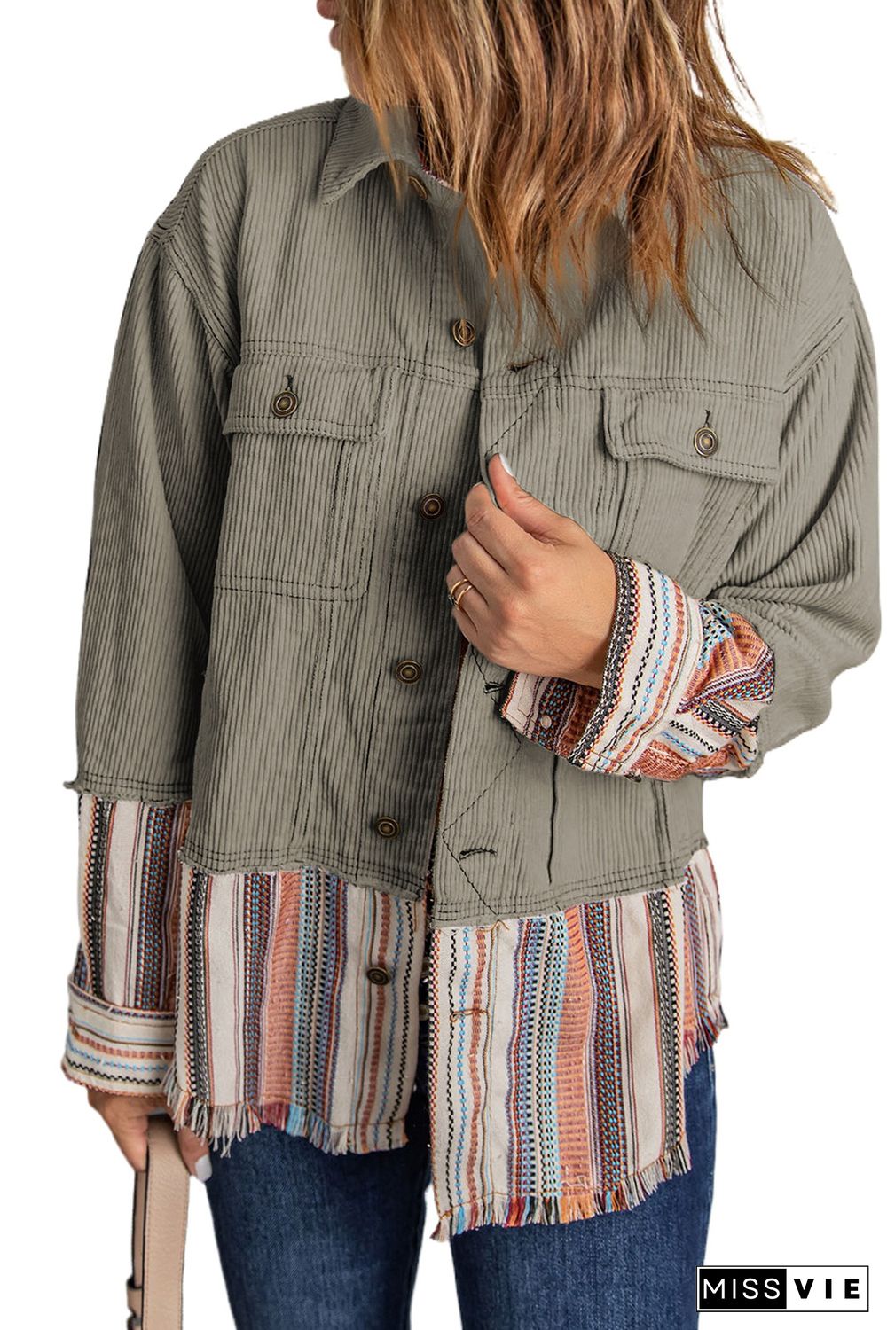 Green Button Up Pockets Striped Color Block Corduroy Jacket