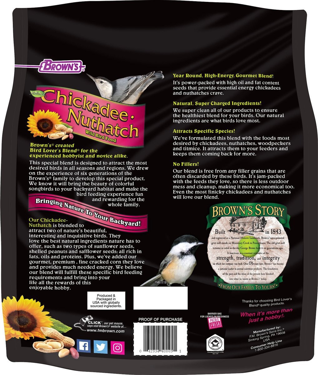 Brown's Bird Lover's Blend Chickadee Nuthatch Wild Bird Food