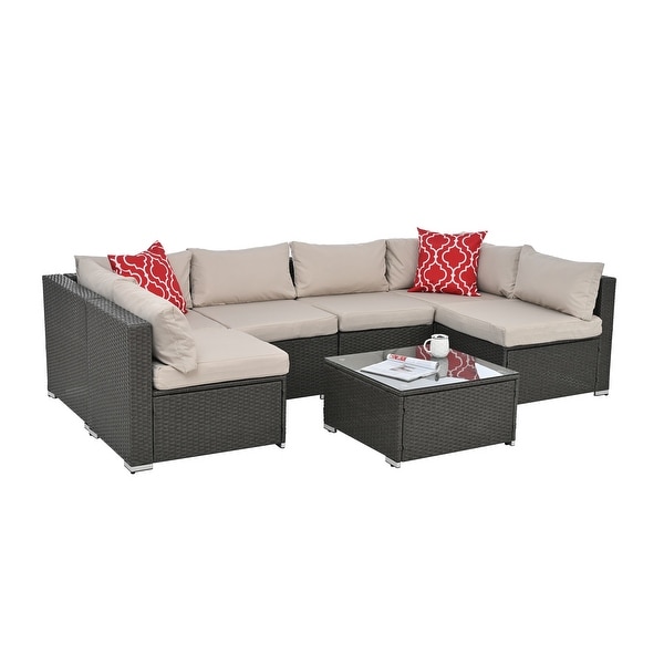 7Pcs Outdoor Sectional Furniture Set，AllWeather PE Rattan Sectional Sofa Conversation Set w/ Coffee Table and Washable Cushions