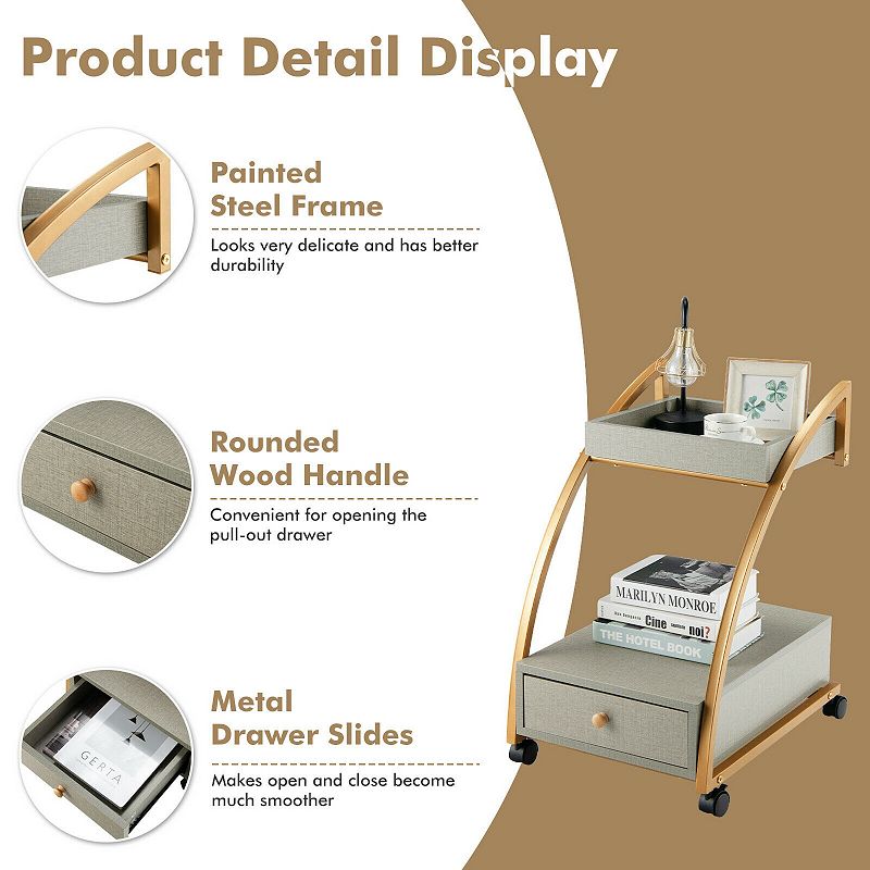 Modern 2-Tier Rolling End Table with Tray Top and Pull-Out Drawer-Gray