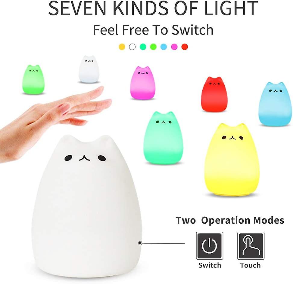 Chwares Portable Led Children Night Light Kids Multicolor Silicone Cat Lamp， Warm White and7-color Breathing Dual Light Modes， Sensitive Tap Control For