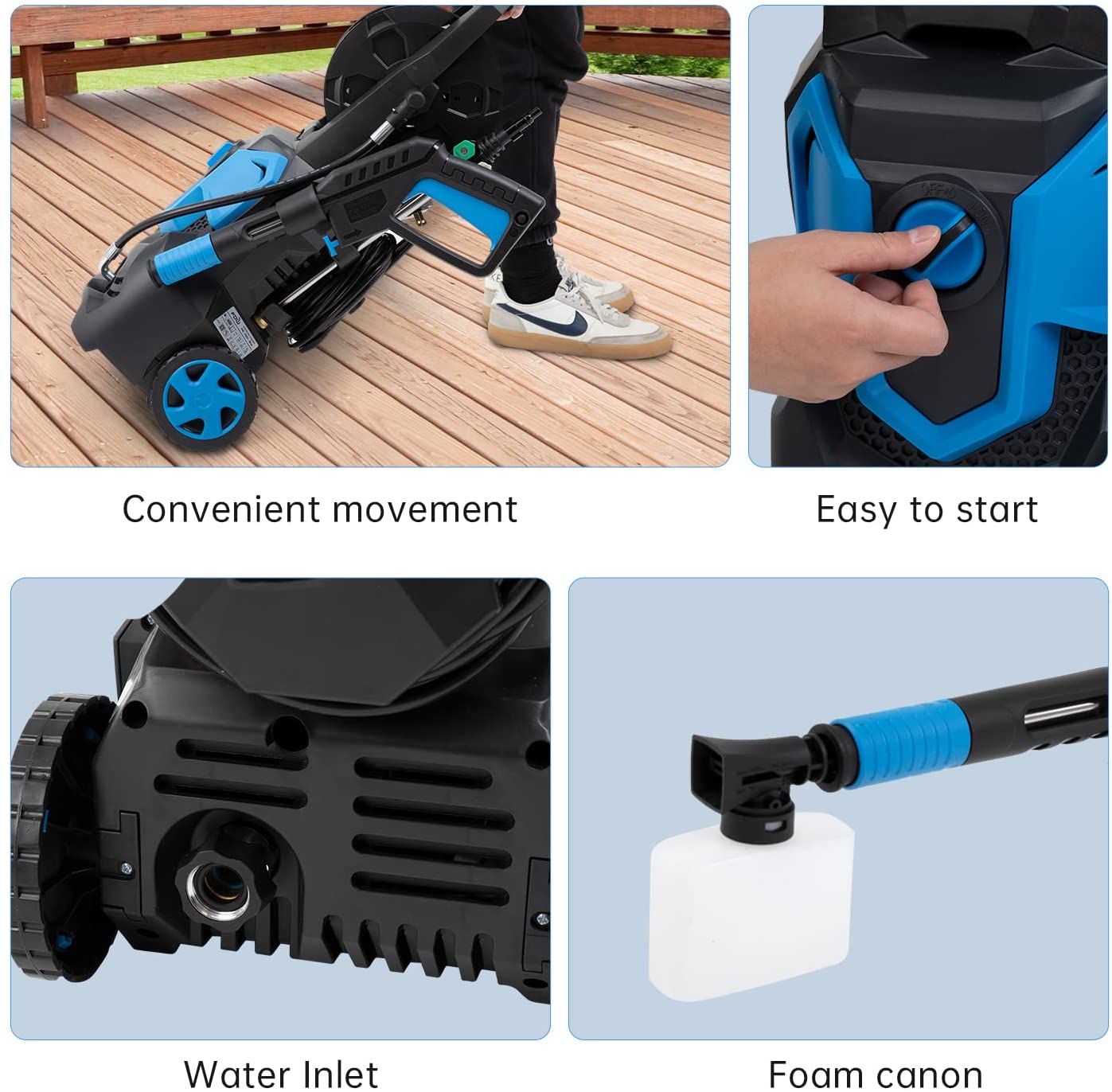 FDW Pressure Washer 1958PSI 1.85Gpm Max Power Washer 1650W IPX5 Electric Pressure Washer with Adjustable Nozzle Foam Cannon, Blue Wheels