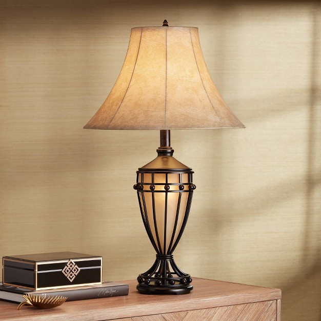 Tall Set Of 2 With Nightlight Brushed Iron Urn Beige Fabric Shade For Living Room Bedroom