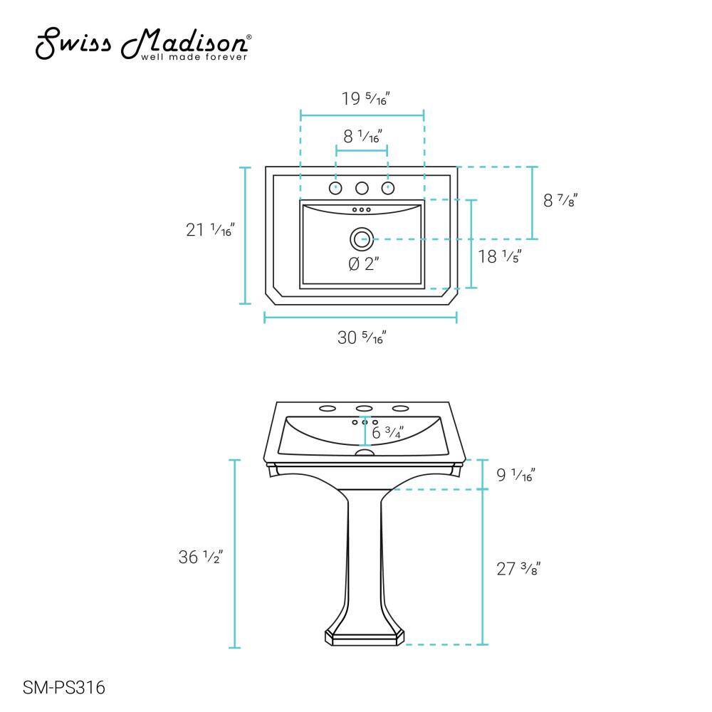 Swiss Madison Voltaire 2-Piece Ceramic Rectangular Vessel Pedestal Sink in Glossy White SM-PS316