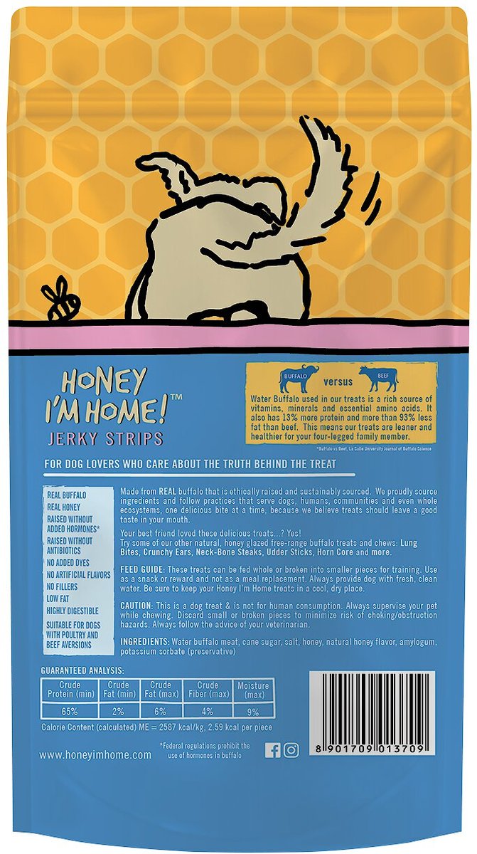 Honey I'm Home! Jerk Strips Natural Honey Coated Buffalo Grain-Free Dog Treats， 3.5-oz bag